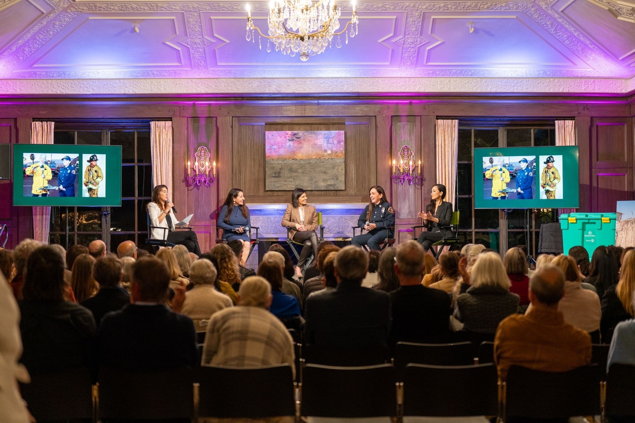 ShelterBox International Women’s Day panel at the Music Academy of the West in Montecito filmed by TV Santa Barbara. Panelists Brittany Brown, Kim Cantin, Jordana Brewster, and Karen Rasmussen during ShelterBox International Women’s Day event in Montecito.